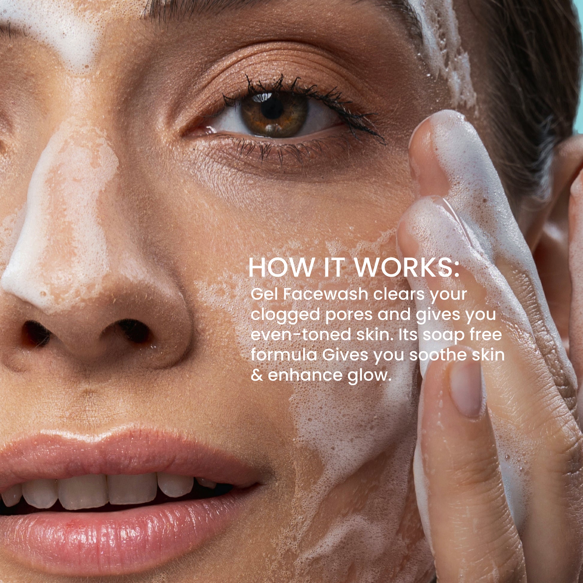 Woman cleansing face with foaming gel facewash – unclogs pores, evens skin tone, and enhances glow with a soap-free formula.