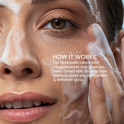 Woman cleansing face with foaming gel facewash – unclogs pores, evens skin tone, and enhances glow with a soap-free formula.